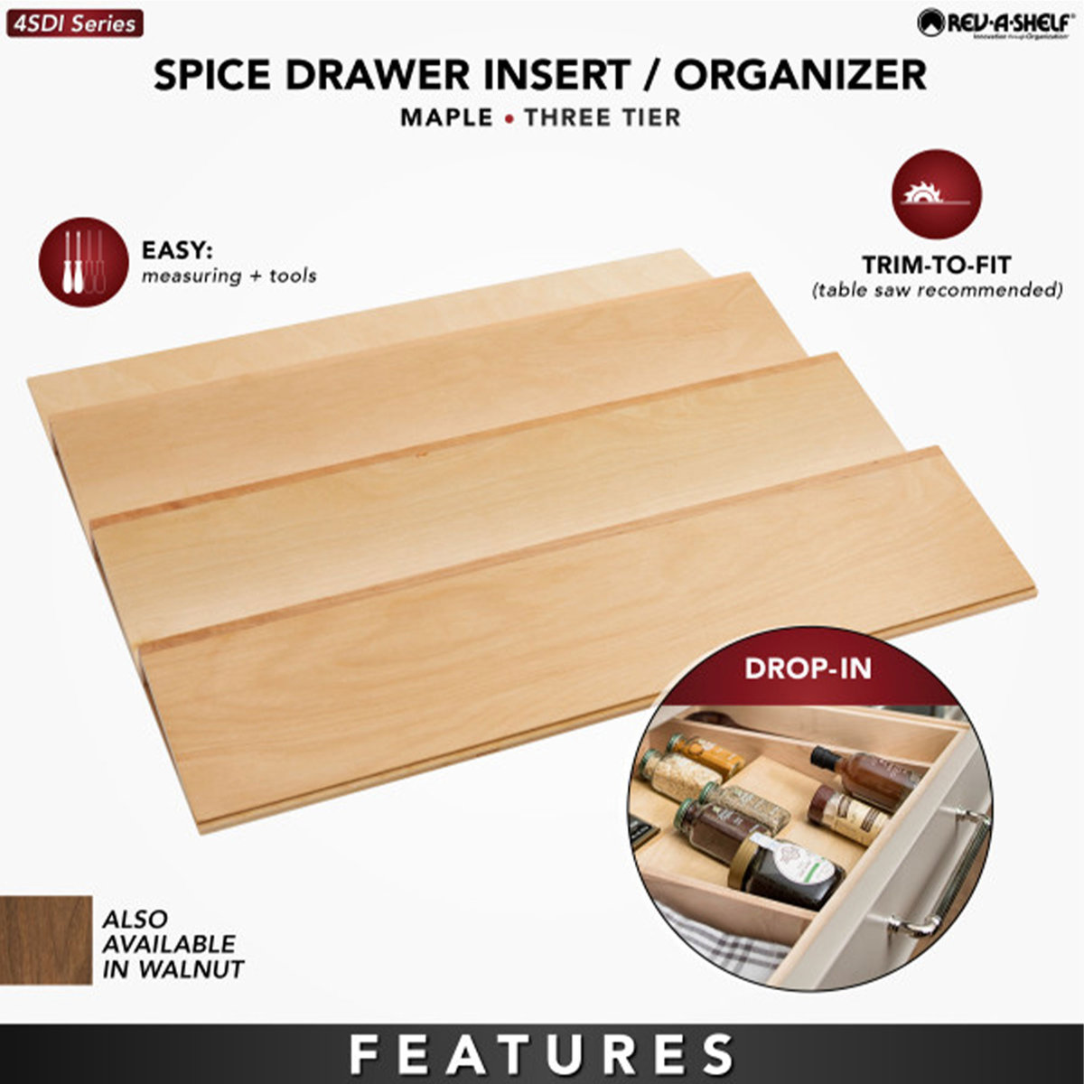Rev-A-Shelf Kitchen Drawer Organizer Insert Spice Rack Three-Tier